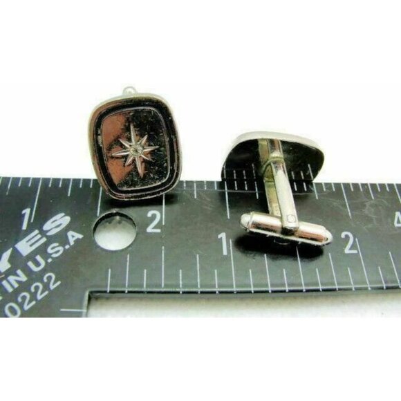 Men Vintage Cufflinks Rectangle Black Enamel Star Center Bullet Silver To - Picture 5 of 12